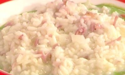 risotto con crema di lattuga, speck e tomino